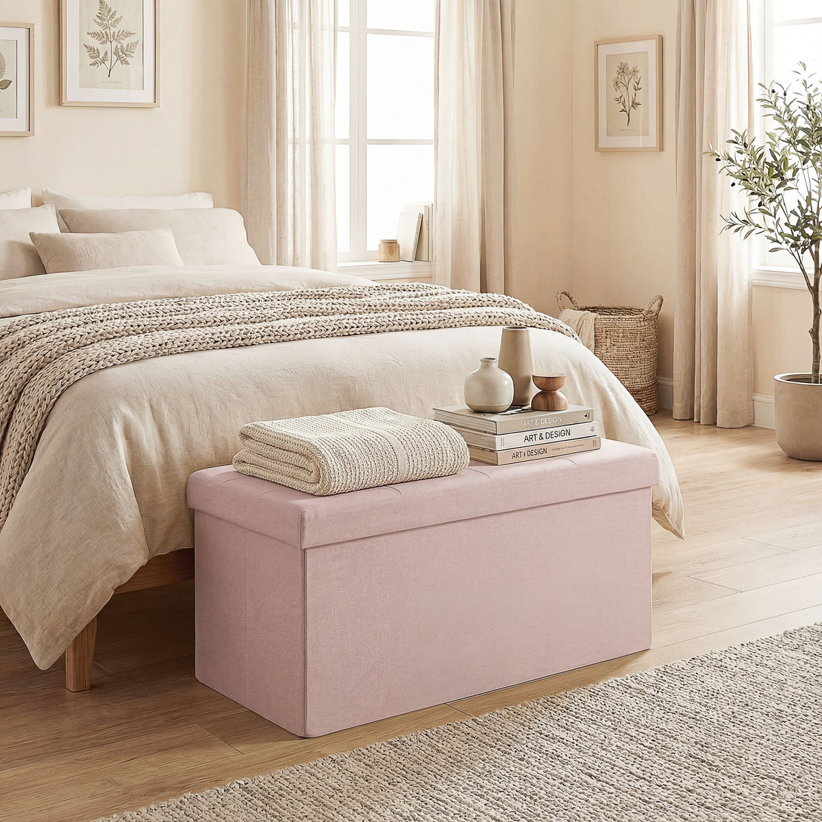 Banc de Rangement, Pouf de Rangement Pliable, Bout de Lit, Repose-Pieds avec Couvercle, 76L x 38l x 38H cm, Rose