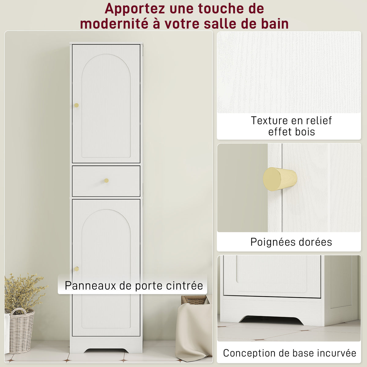 Armoire salle de bain haute meuble de rangement colonne avec placards tiroir et étagères réglables 40x29,5x170cm blanc