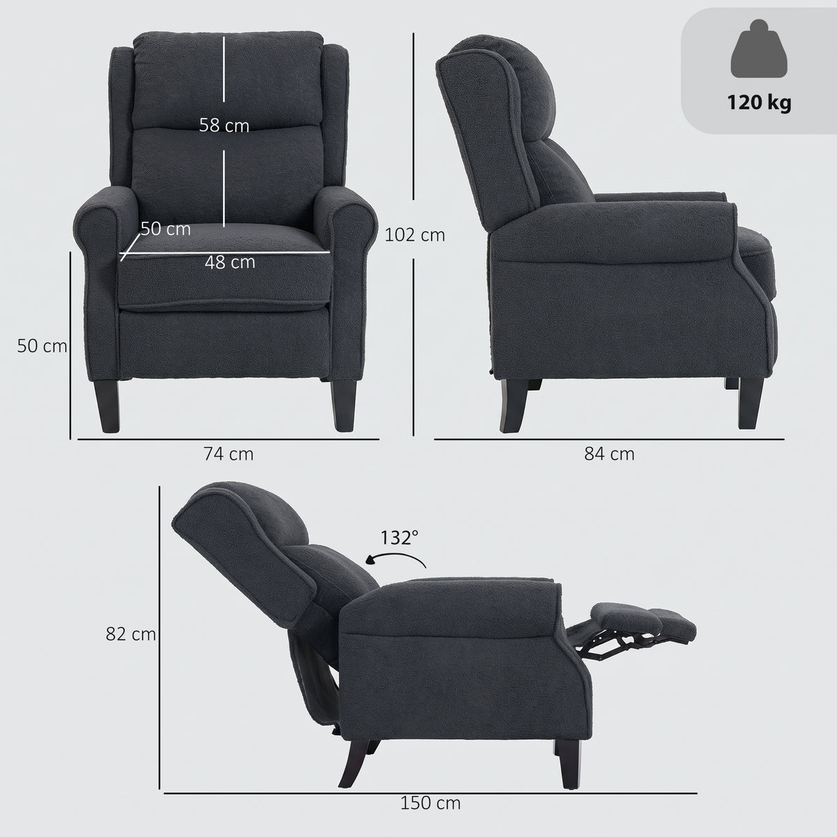 Fauteuil relax inclinable en polaire Teddy, fauteuil de relaxation avec repose-pieds extensible, assise rembourrée, gris