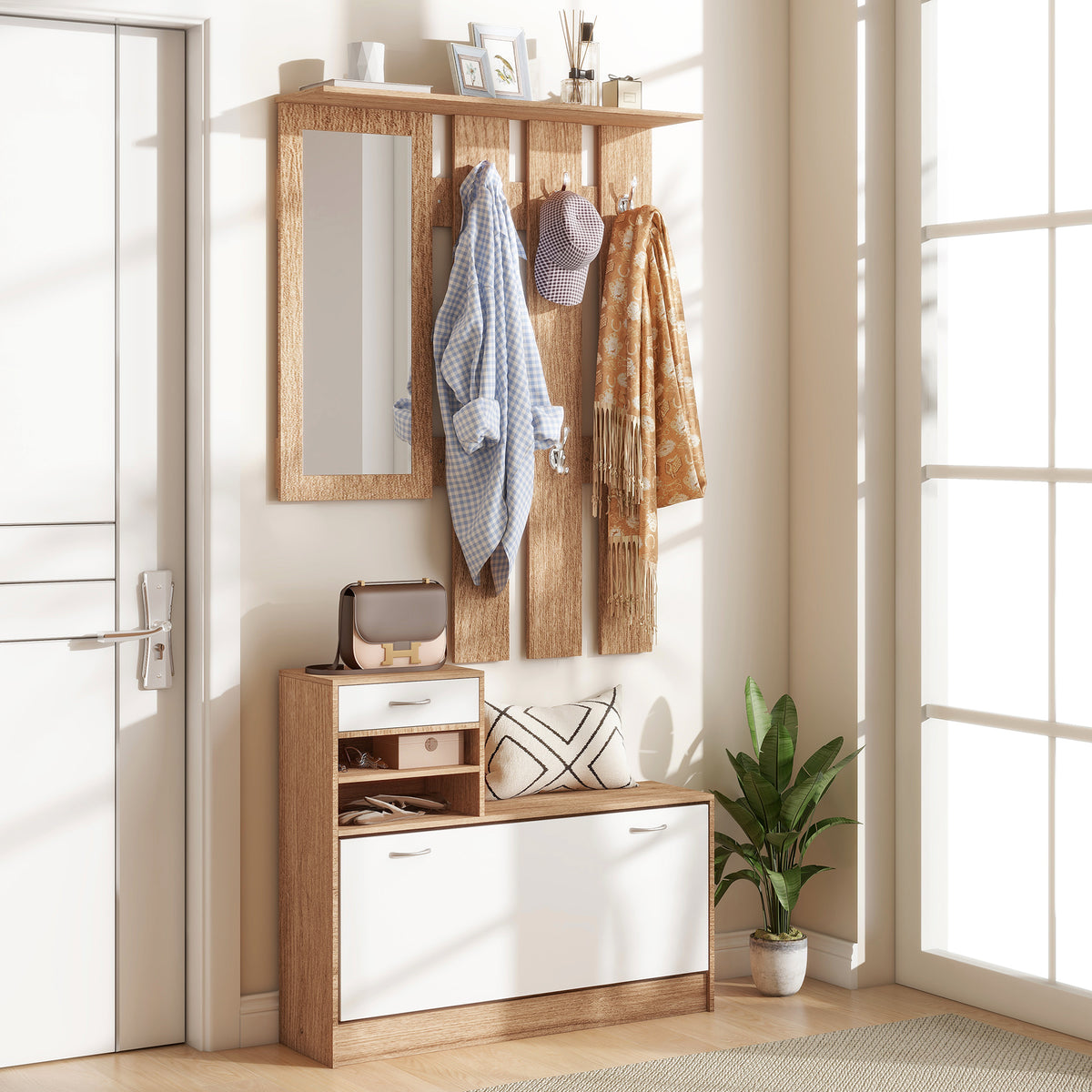 Mueble de recibidor tipo vestidor con panel perchero, espejo y zapatero - 6 ganchos y estante ajustable