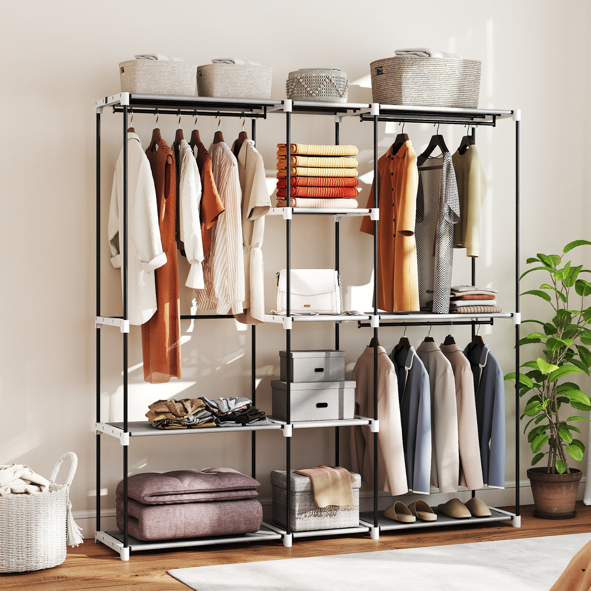 Armoire de rangement, penderie en tissu avec barre de suspension et étagères, 182 x 43 x 185 cm, gris