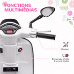 Scooter électrique enfant Vespa 6 V dim. 107L x 47l x 73H cm Musique MP3 Port USB Phare 2 roues d'entraînement - Blanc