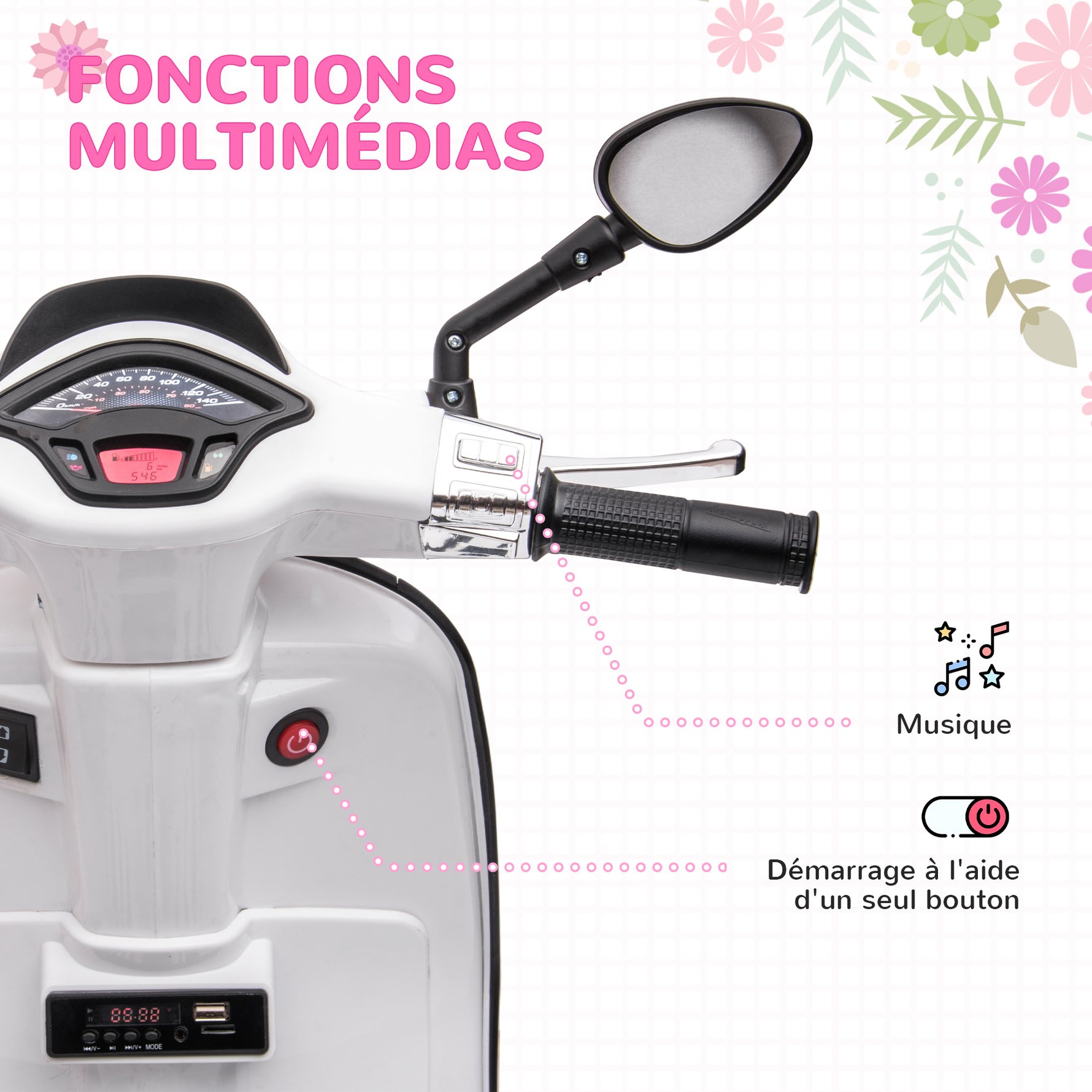 Scooter électrique enfant Vespa 6 V dim. 107L x 47l x 73H cm Musique MP3 Port USB Phare 2 roues d'entraînement - Blanc