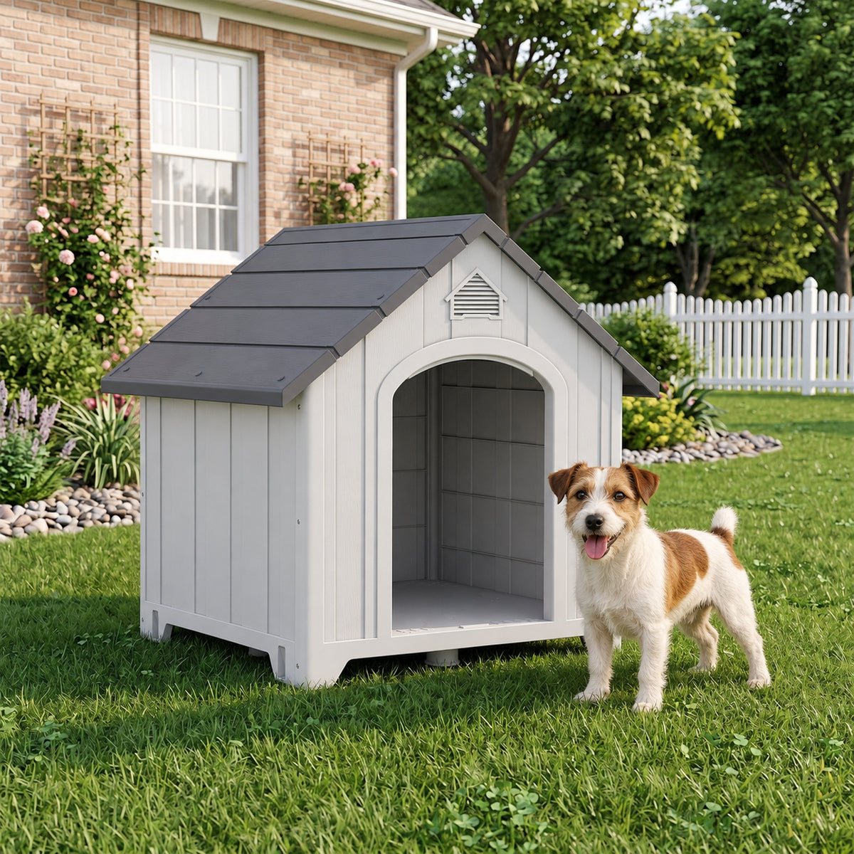 Caseta para perro de exterior, casa para perro de polipropileno impermeable ventilada con suelo elevado 66x55x65cm gris claro