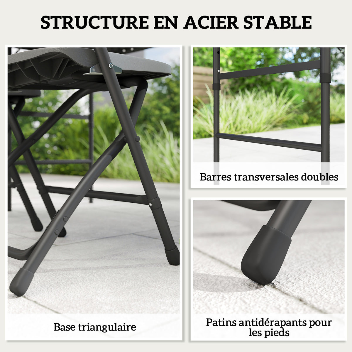 Conjunto de jardín, mesa de exterior con 4 sillas plegables, mesa regulable en altura 118 cm gris oscuro