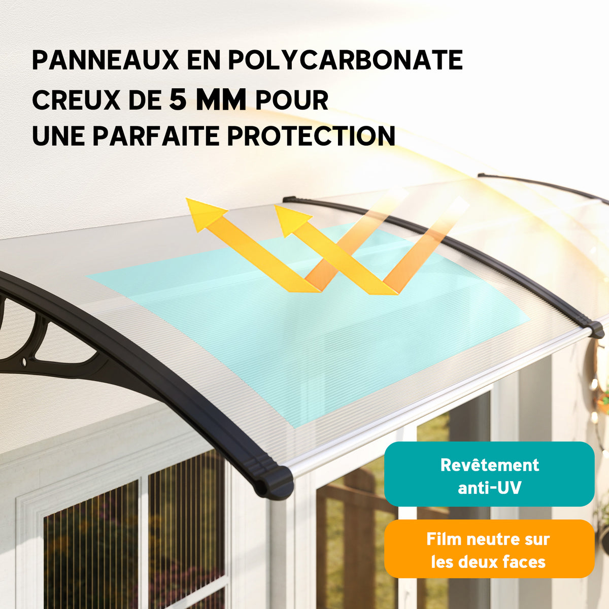 Auvent de porte d'entrée, toit marquise de porte exterieur en polycarbonate et profil aluminium résistante toit abri protection contre la pluie et UV pour terrasse, balcon, 195x75cm, transp.