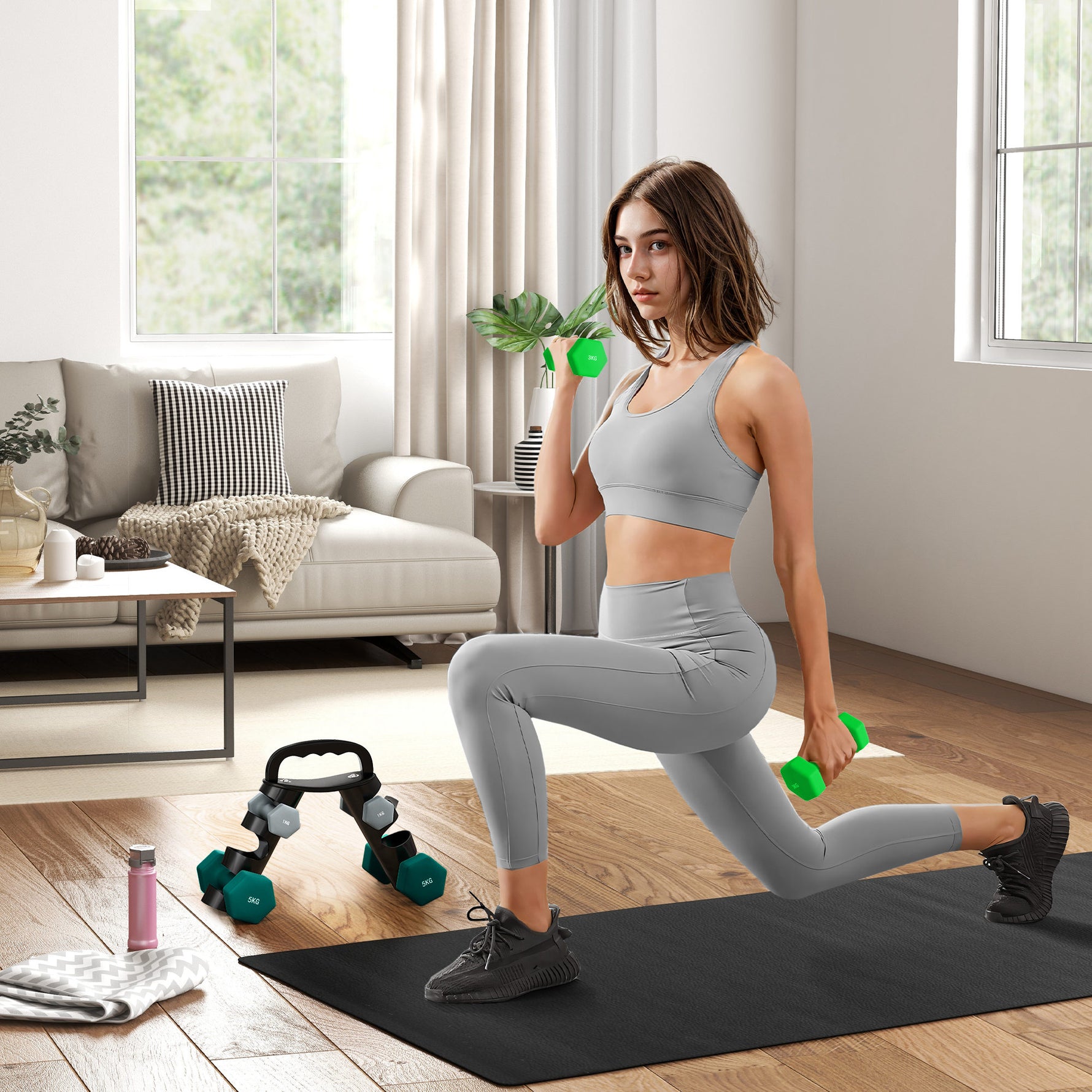 Lot d'haltères hexagonaux, haltères musculation, 2 x 1 kg, 2 x 3 kg, 2 x 5 kg, avec support convertible d'haltères