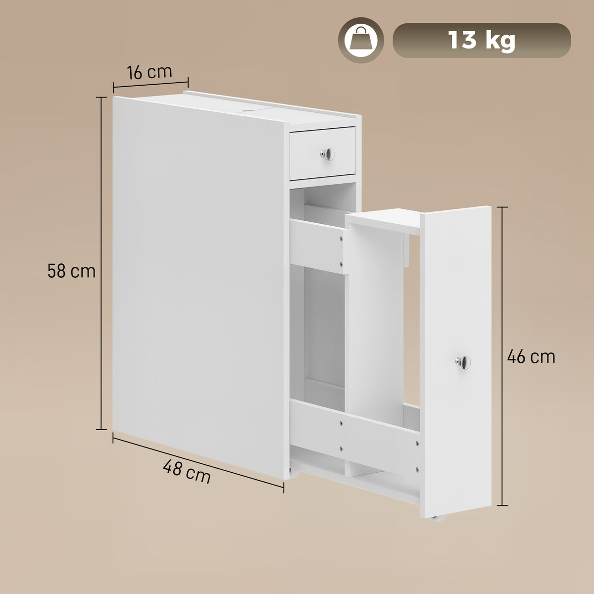 Meuble de salle de bain étroit, armoire de salle de bain sur pied avec 2 tiroirs et étagère ouverte, 16x48x58cm, blanc