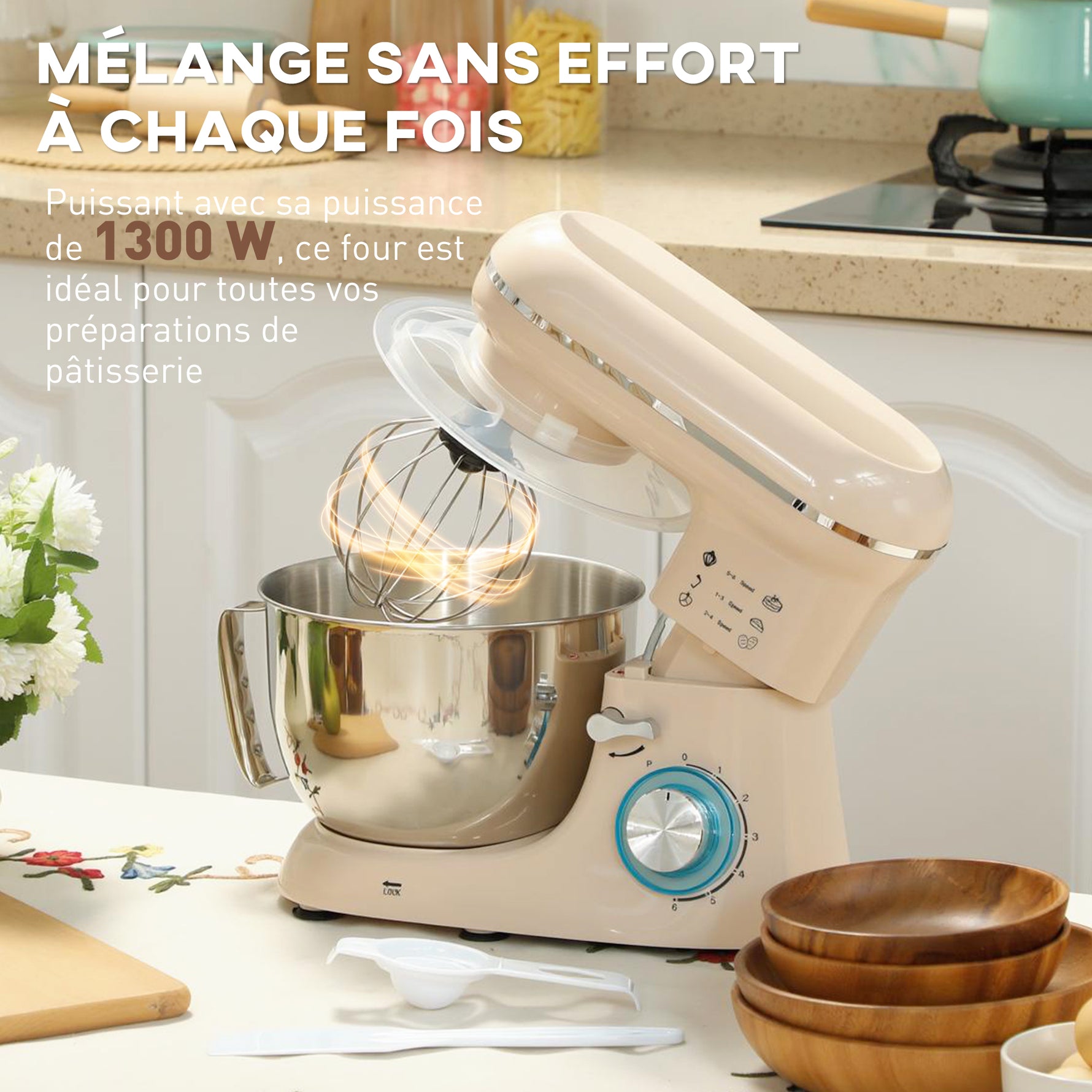 Robot pâtissier 1300 W, robot pétrin professionnel 4,5 L, bol d'acier inoxydable, 6+P vitesses et pulse, beige