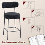 Lot de 2 tabourets de bar en tissu bouclette, chaises de bar avec dossier courbé, repose-pieds, 49x52x95cm, noir
