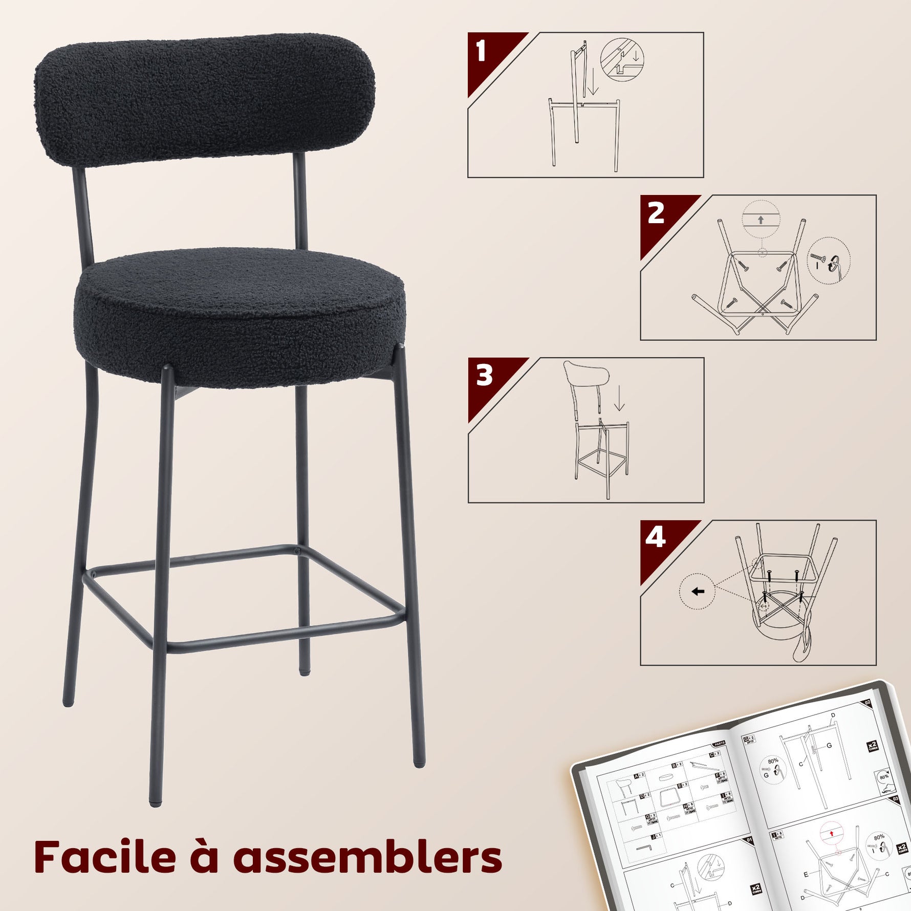 Lot de 2 tabourets de bar en tissu bouclette, chaises de bar avec dossier courbé, repose-pieds, 49x52x95cm, noir