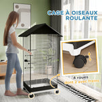 Cage oiseau sur pied volière oiseaux intérieure sur roulettes 2 mangeoires 8 perchoirs 79 x 65 x 155 cm fil d'acier noir