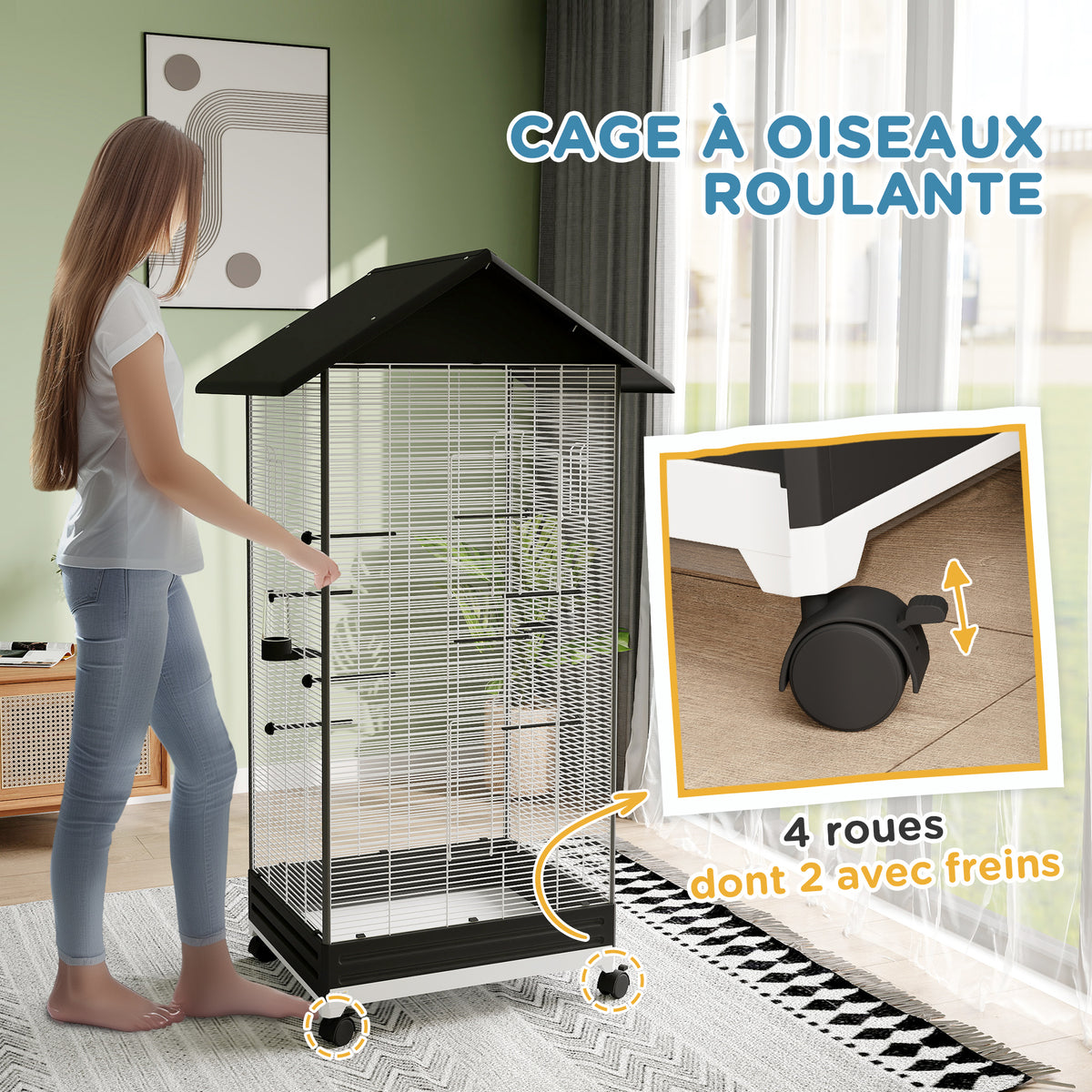 Cage oiseau sur pied volière oiseaux intérieure sur roulettes 2 mangeoires 8 perchoirs 79 x 65 x 155 cm fil d'acier noir
