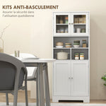 Buffet haut cuisine, armoire de cuisine, 4 portes, niches, étagères réglables, portes en verre, 60 x 30 x 145,5 cm blanc