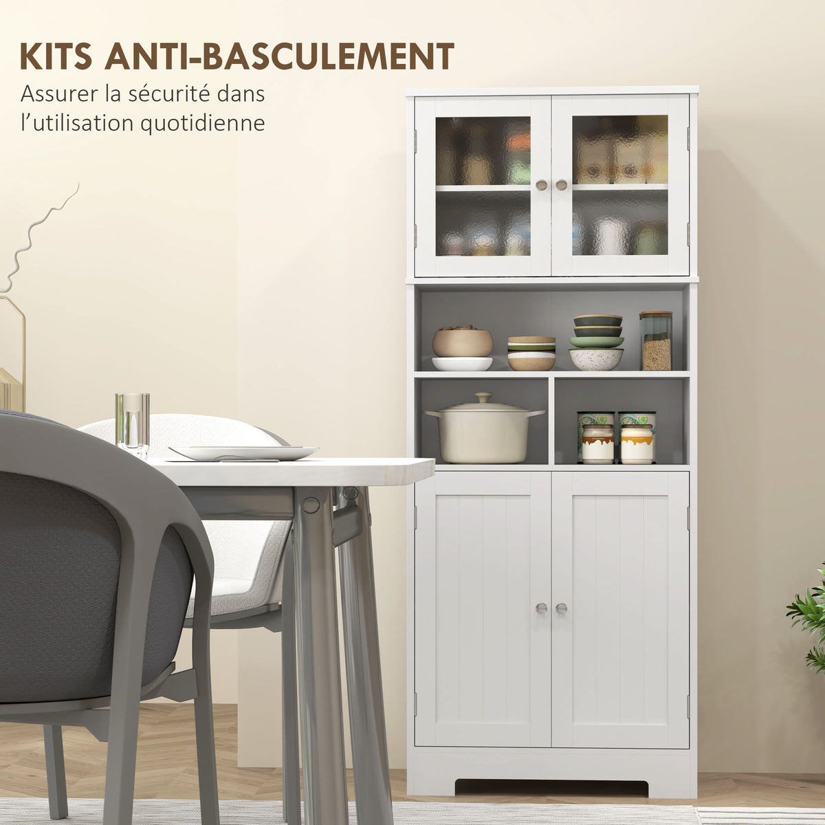 Buffet haut cuisine, armoire de cuisine, 4 portes, niches, étagères réglables, portes en verre, 60 x 30 x 145,5 cm blanc