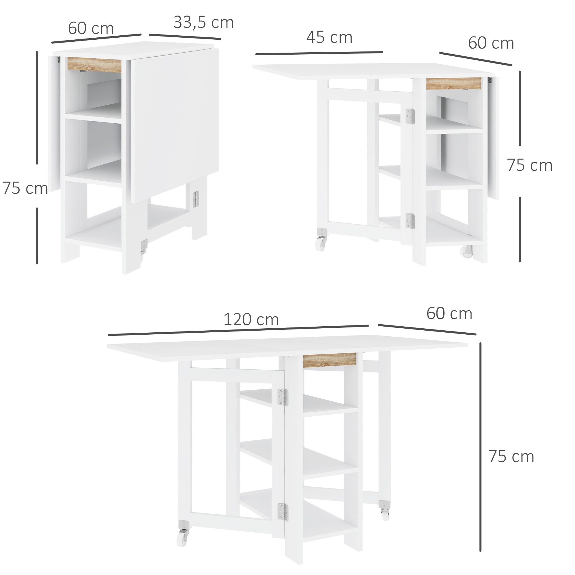 Table de cuisine table de salle à manger pliable amovible 3 étagères 2 abattants design moderne 120 x 60 x 75 cm blanc