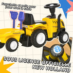 Porteur tracteur enfants avec coffre amovible, râteau et pelle, voiture enfants avec lumière LED et klaxon, jaune