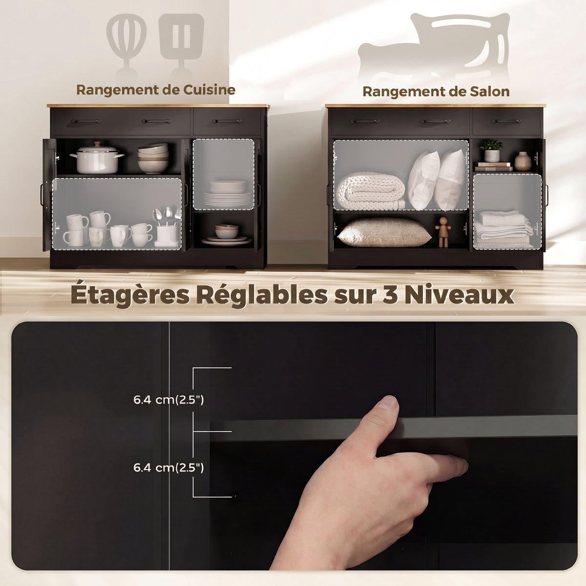 Aparador de cocina, mueble de almacenamiento con 3 puertas de granero, 2 cajones y estantes ajustables, 108 x 40 x 81 cm, negro