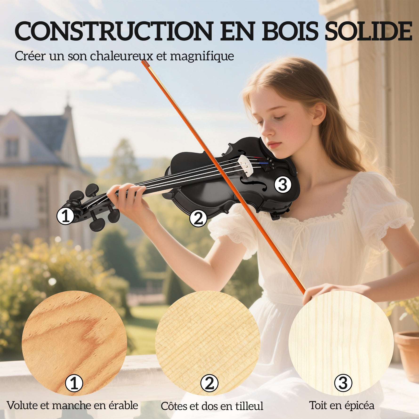 Violon 4/4 Ensemble de Violon en Bois Massif pour Adultes et Débutants avec Étui Léger et Portable 60 x 21 cm Noir