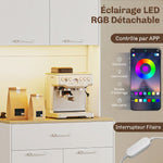 Buffet haut cuisine avec LED et station de charge, armoire de cuisine avec 4 portes, tiroir et plan de travail, blanc