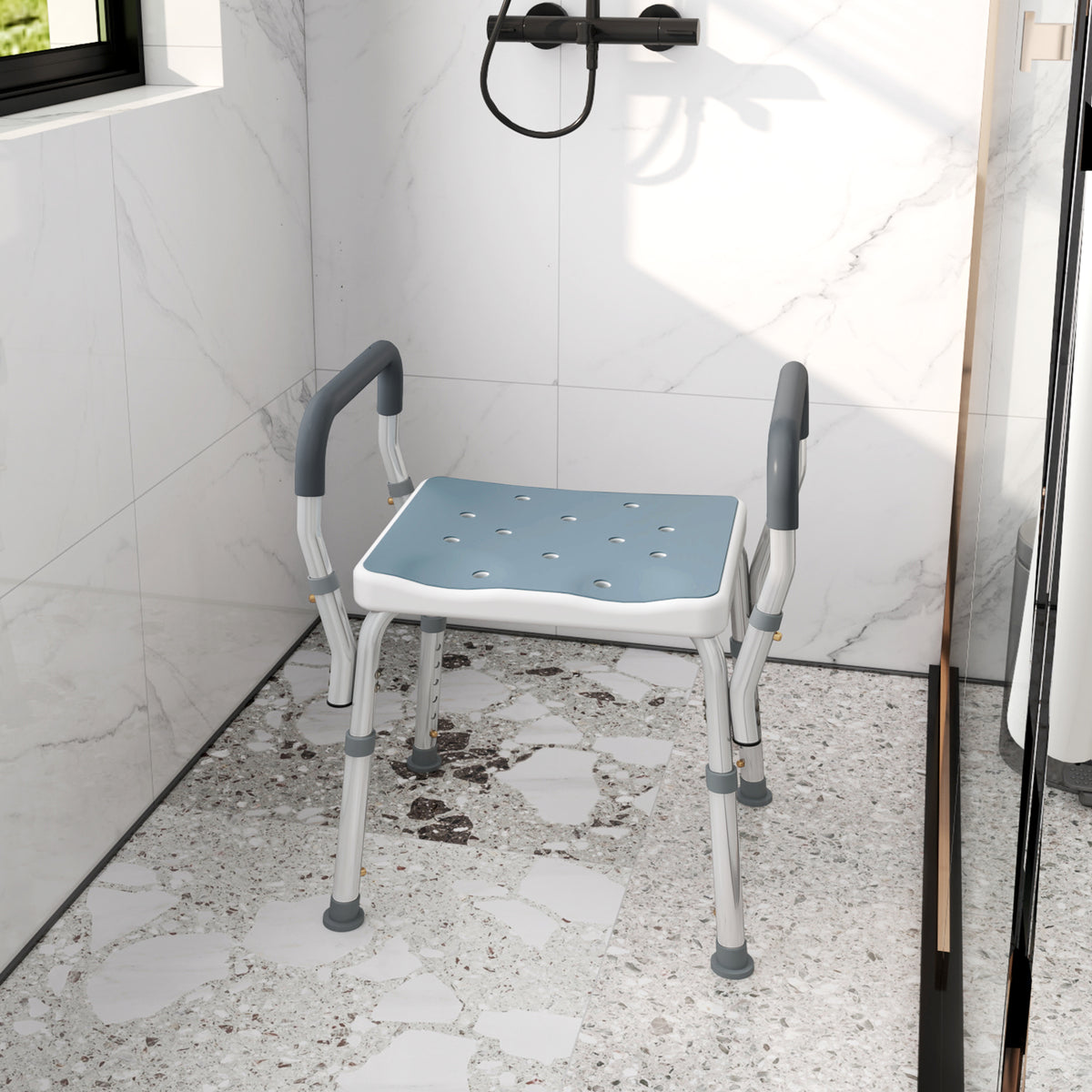Tabouret de douche pour personnes âgées et handicapées avec accoudoirs, hauteur réglable, patins antidérapants, bleu