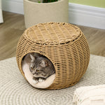 Niche panier maison pour chat 2 niveaux en résine tressée aspect rotin avec 1 coussin doux Ø 40 x 30 cm marron clair