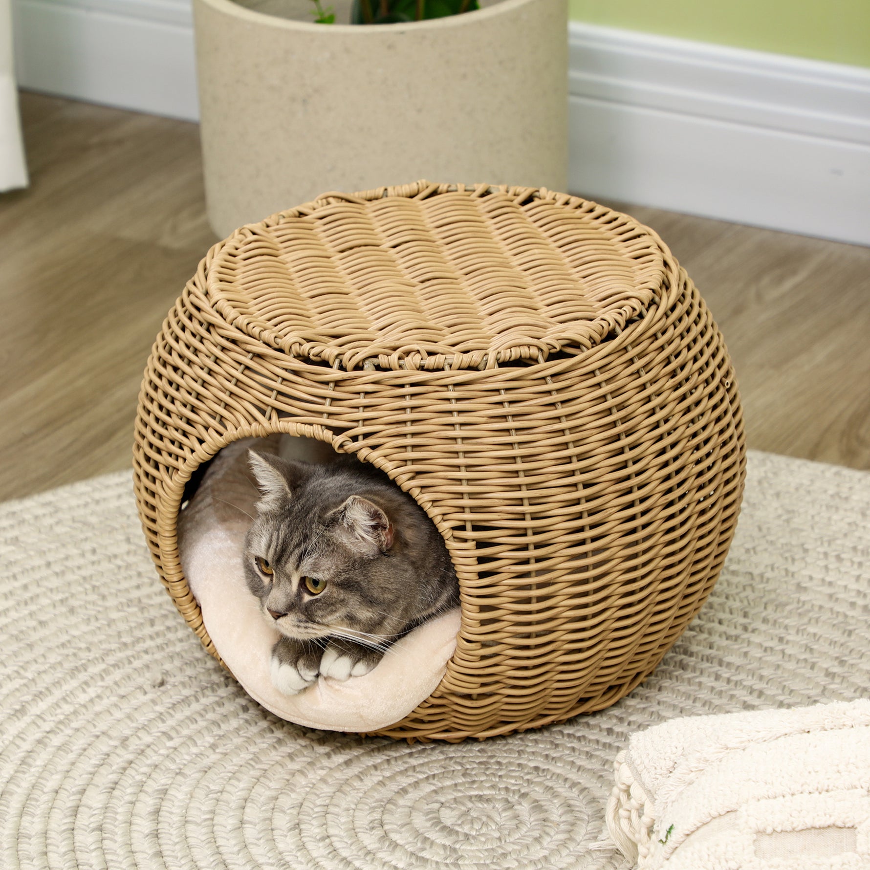 Niche panier maison pour chat 2 niveaux en résine tressée aspect rotin avec 1 coussin doux Ø 40 x 30 cm marron clair