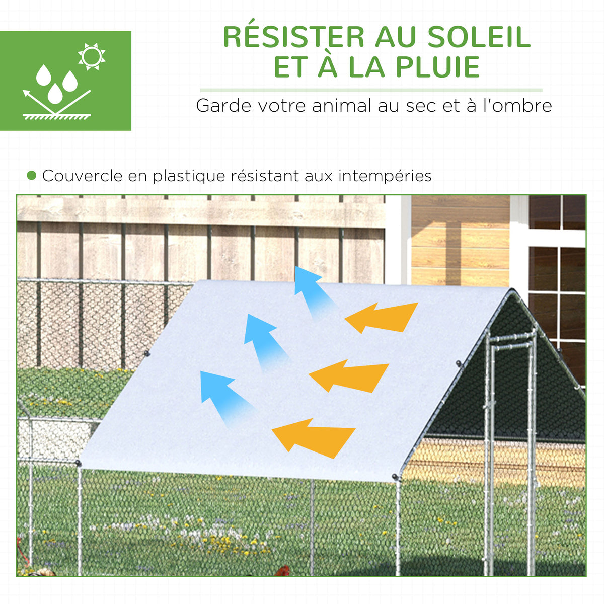 Enclos poulailler chenil volière extérieur 24 m² - Parc grillagé dim. 3L x 8l x 2H m - Espace Couvert - Acier galvanisé