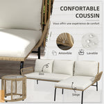 Salon de jardin extérieur d'angle 3 places en résine tressée avec canapés, chaise longue, table basse et coussins, crème