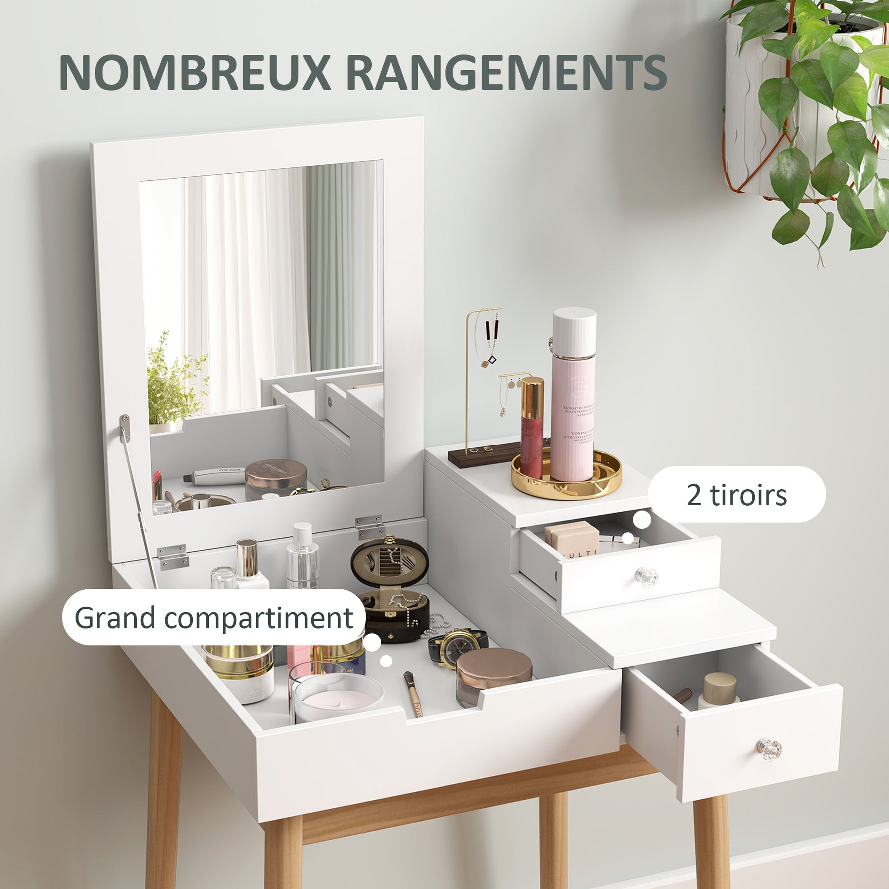 Coiffeuse avec miroir table de maquillage style moderne - 2 tiroirs, miroir rabattable pour chambre à coucher, salon, 60 x 50 x 85,5 cm blanc