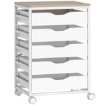 Cajonera de oficina móvil, mueble de almacenamiento con ruedas de madera con 5 cajones, tiradores integrados, 50 x 40 x 74,5 cm, blanco