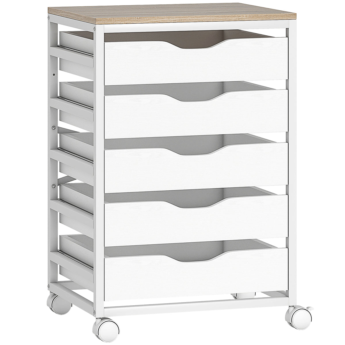 Cajonera de oficina móvil, mueble de almacenamiento con ruedas de madera con 5 cajones, tiradores integrados, 50 x 40 x 74,5 cm, blanco
