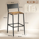 Lot de 2 tabourets de bar, chaises de bar, assise 72,5H cm, dossier et repose-pieds, pieds en métal, brun rustique