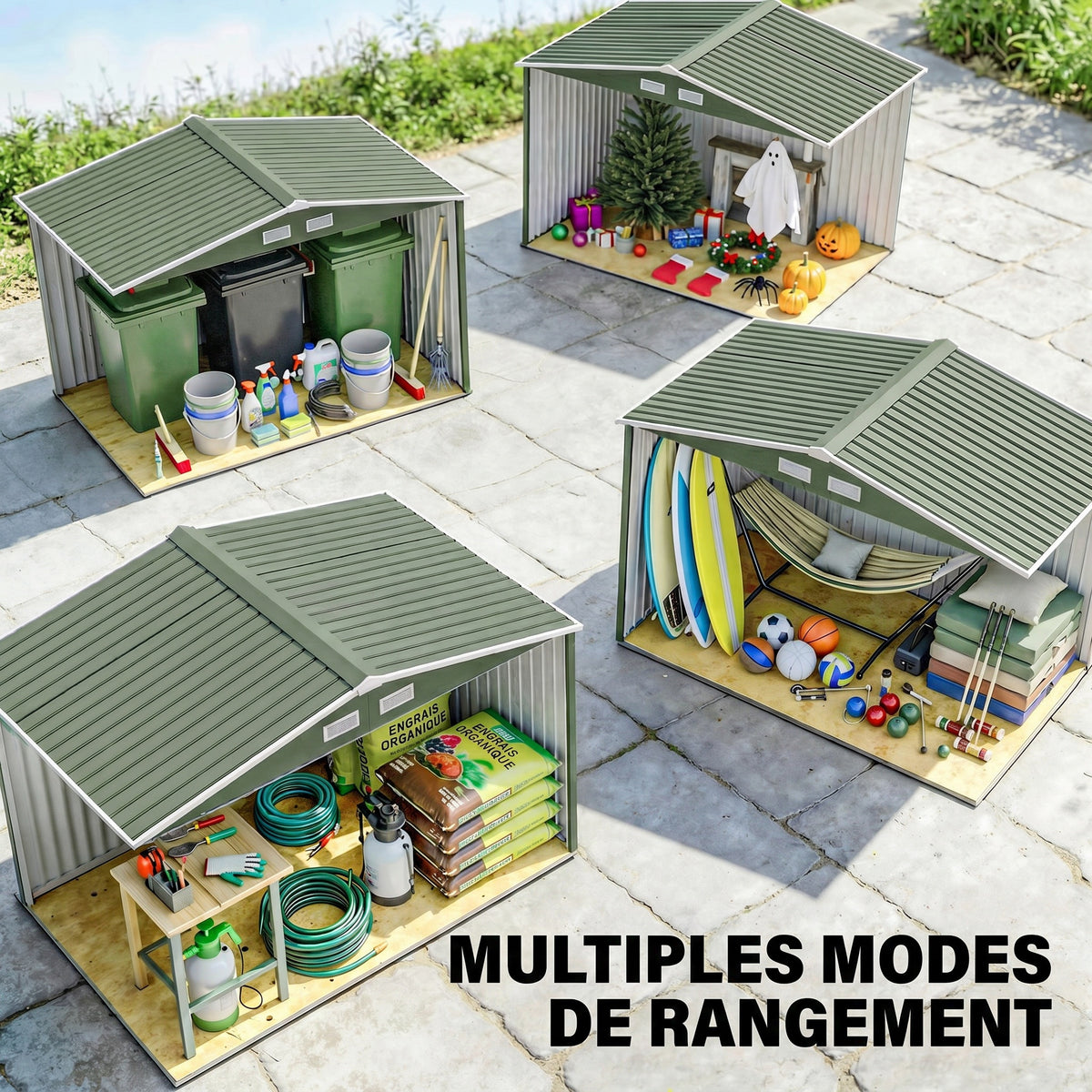 Abri de jardin 5,4 m² 2,77 x 1,95 x 1,92 m kit de fondation porte coulissante ventilations acier galvanisé, vert clair