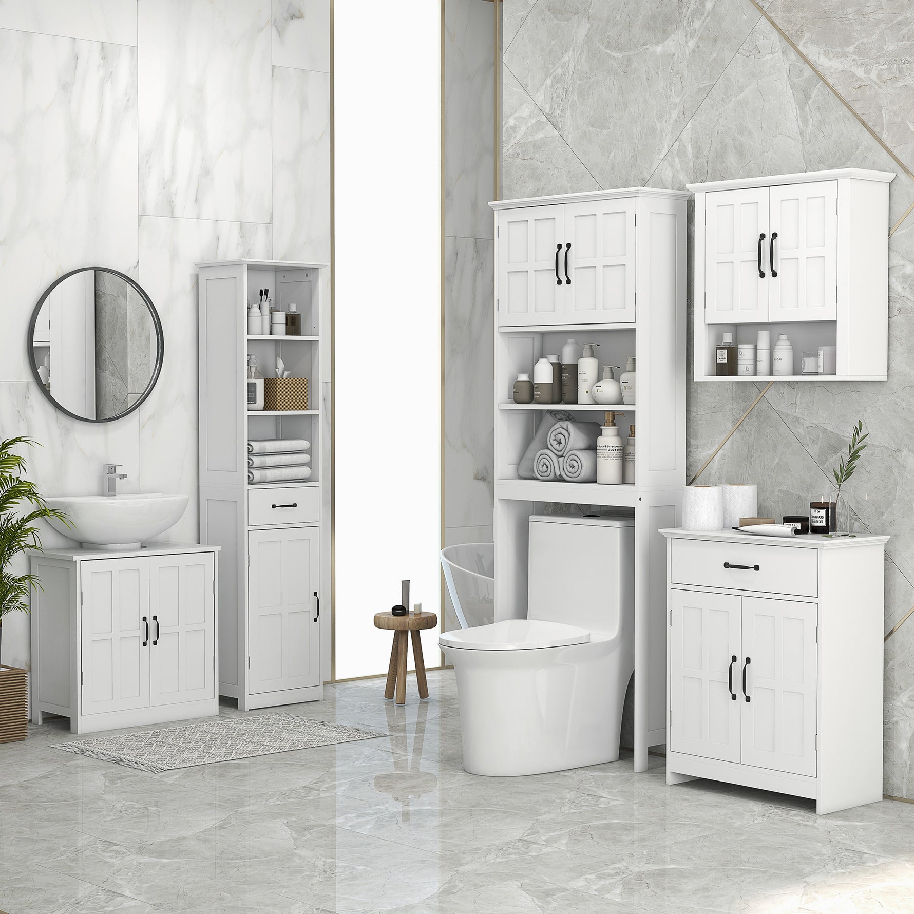 Meuble WC dessus de toilette armoire de rangement de salle de bain avec niches placard à double porte étagère réglable