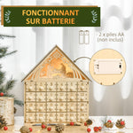 Calendario dell'Avvento in legno da riempire, decorazione natalizia con 24 cassetti e 5 luci LED, 26,6x6x30cm, legno naturale