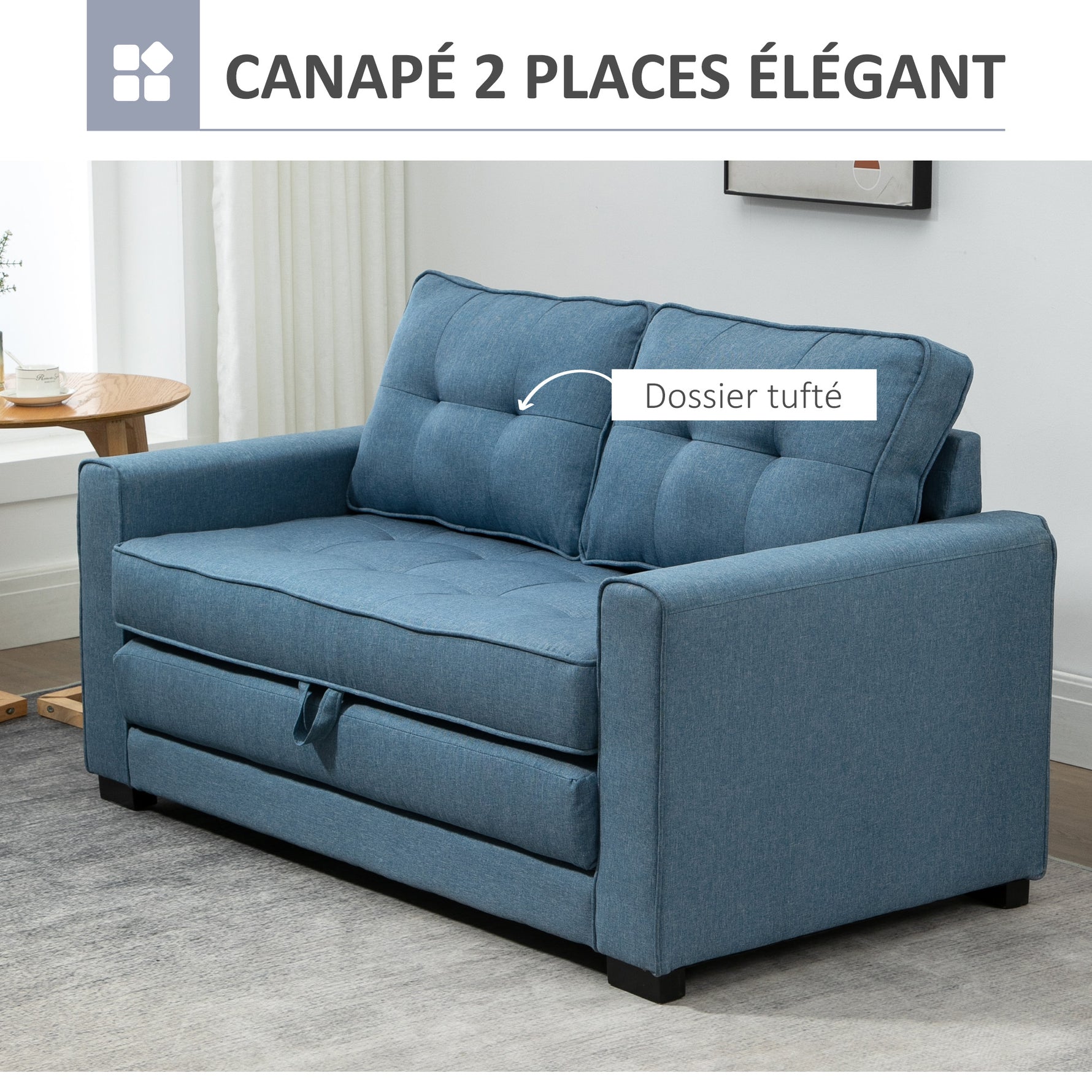 Canapé droit convertible 2 places - dossier capitonné - 147,5 x 75 x 85 cm - bleu