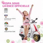 Scooter électrique enfant Vespa 6 V dim. 107L x 47l x 73H cm Musique MP3 Port USB Phare 2 roues d'entraînement - Blanc