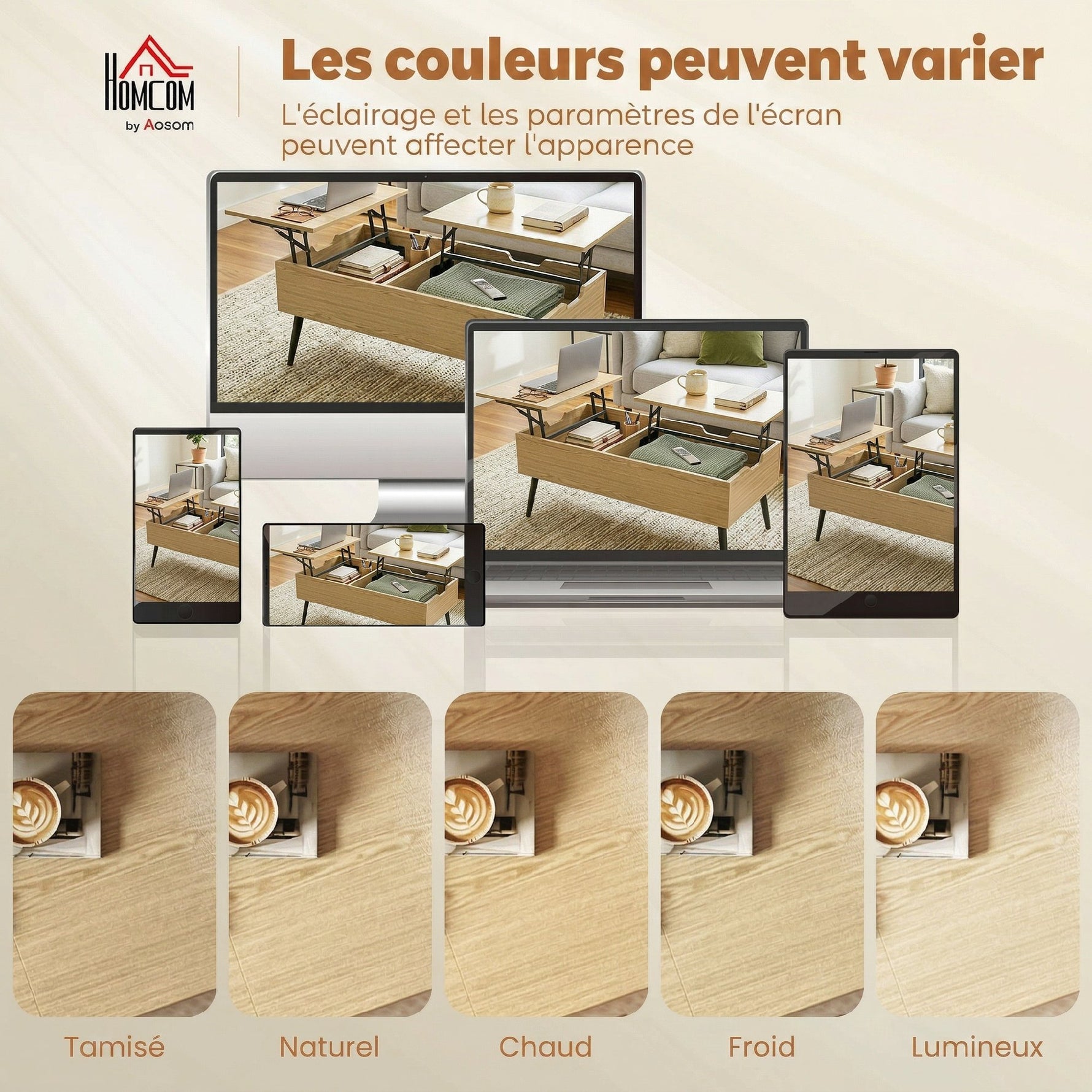 Table basse relevable avec double plateau, table de salon avec compartiment caché et pieds en métal, bois naturel