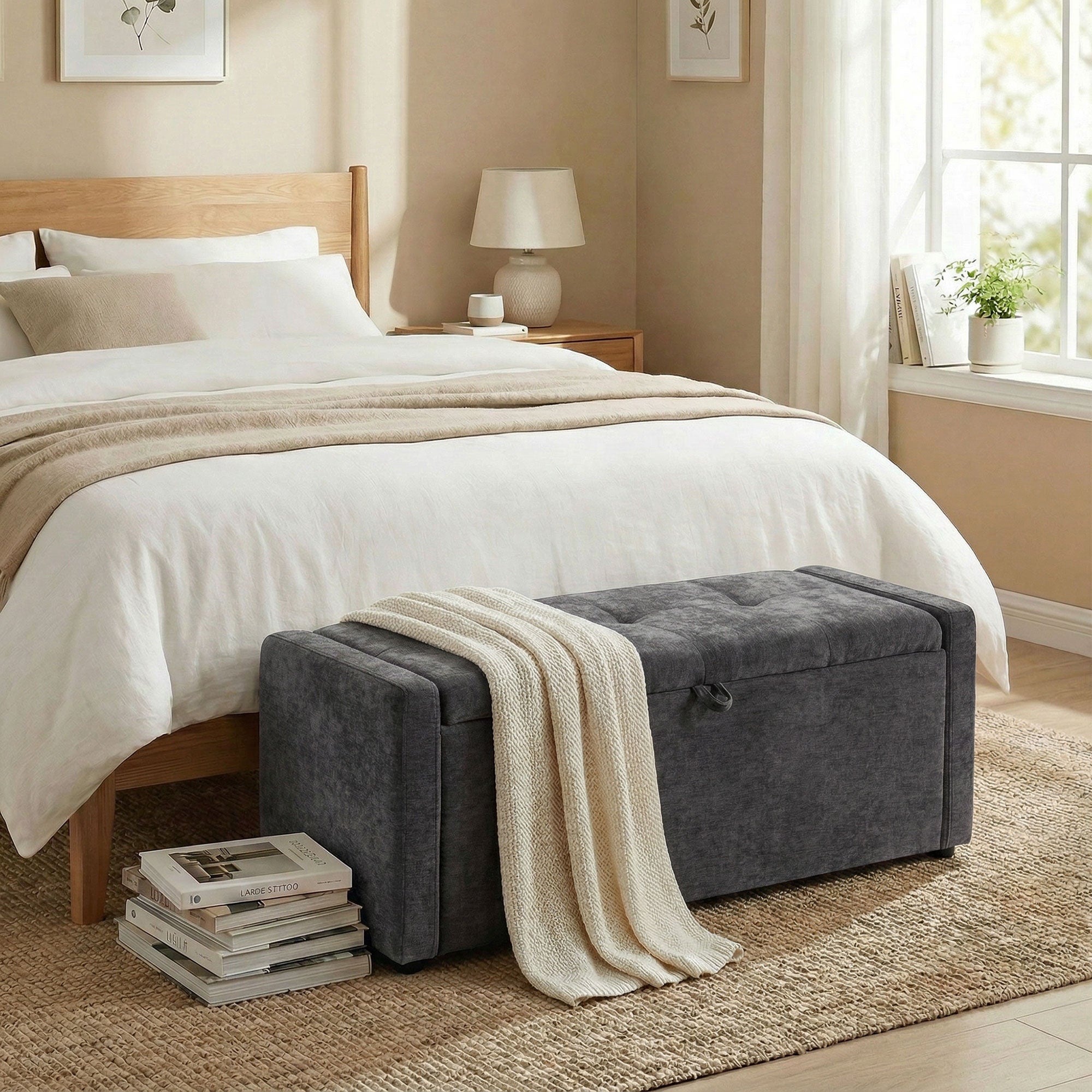 Panca contenitore, fondo letto, poggiapiedi imbottito in lino con seduta ampia, 122 x 48 x 44 cm, grigio scuro