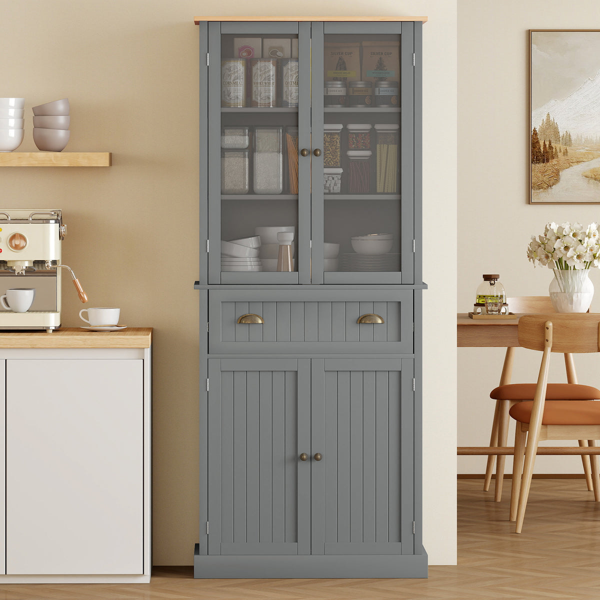 Buffet meuble cuisine rangement armoire de cuisine 4 portes dont 2 portes vitrées et 1 tiroir étagères réglables - gris