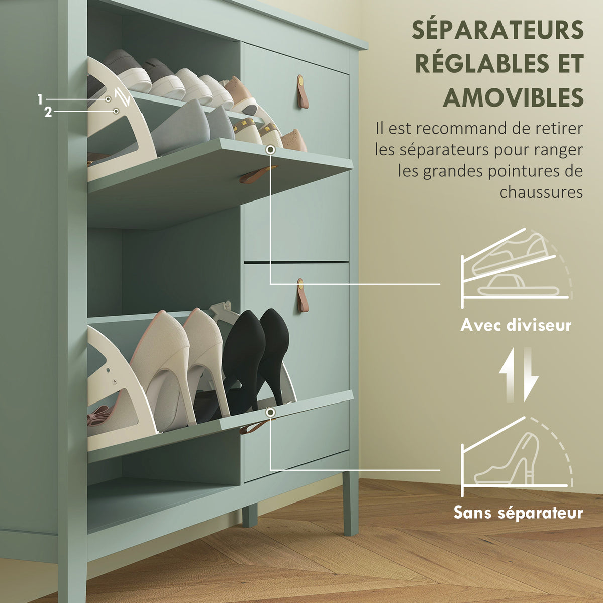 Meuble à chaussures 20 paires, armoire à chaussures avec 4 tiroirs rabattables, étagères amovibles et réglables, vert