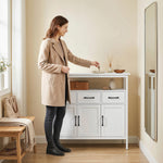 Buffet cuisine, meuble de rangement, 3 portes, 3 tiroirs, compartiment ouvert et étagères réglables, 95x35x88cm, blanc