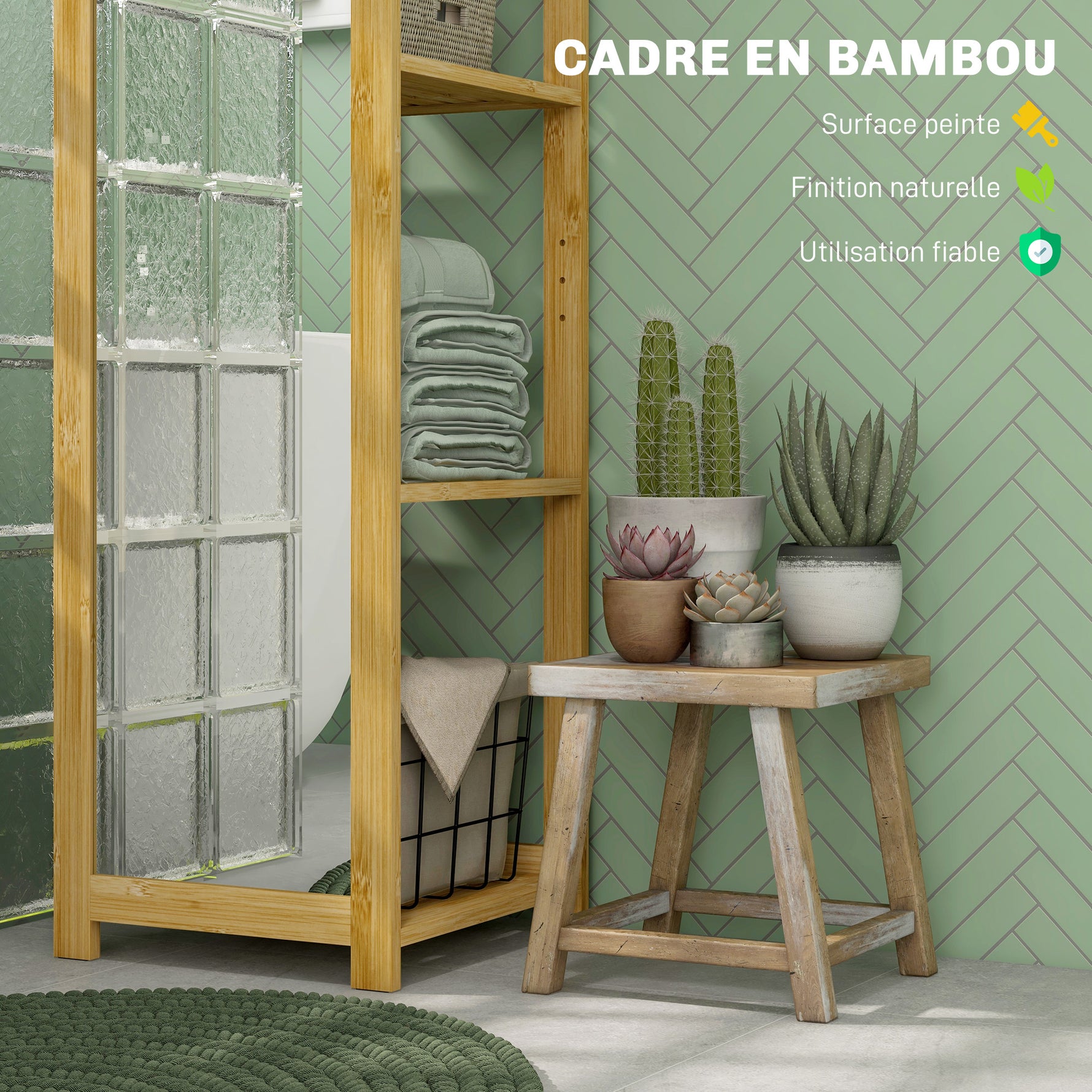 Meuble colonne de salle de bain à 6 niveaux en bambou avec miroir, 6 étagères, naturel, 35L x 35l x 168H cm