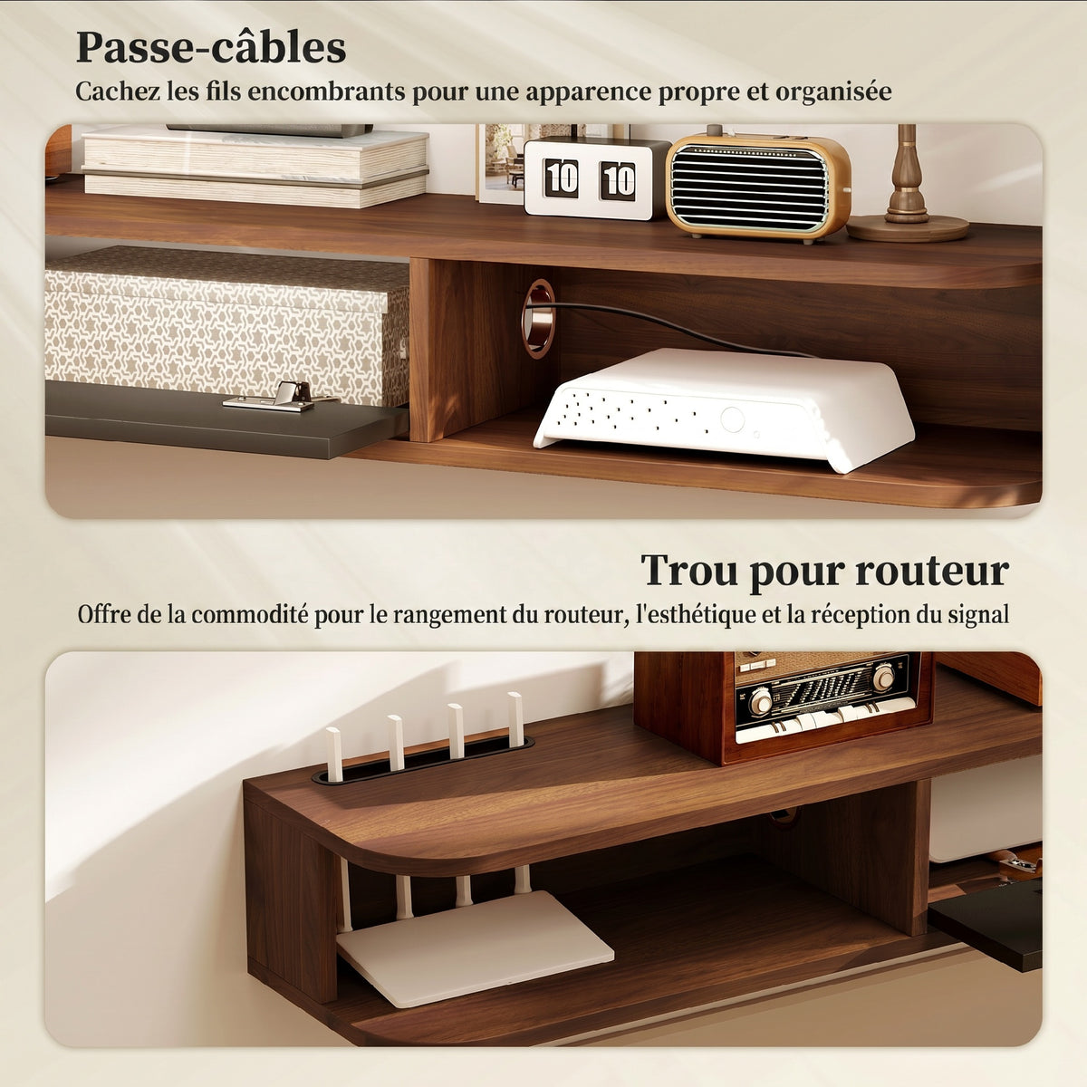 Meuble TV Suspendu, Meuble Télé pour Téléviseur jusqu'à 75 Pouces, Tiroir Rabattable, 2 Étagères, 180x24x16cm, Noyer