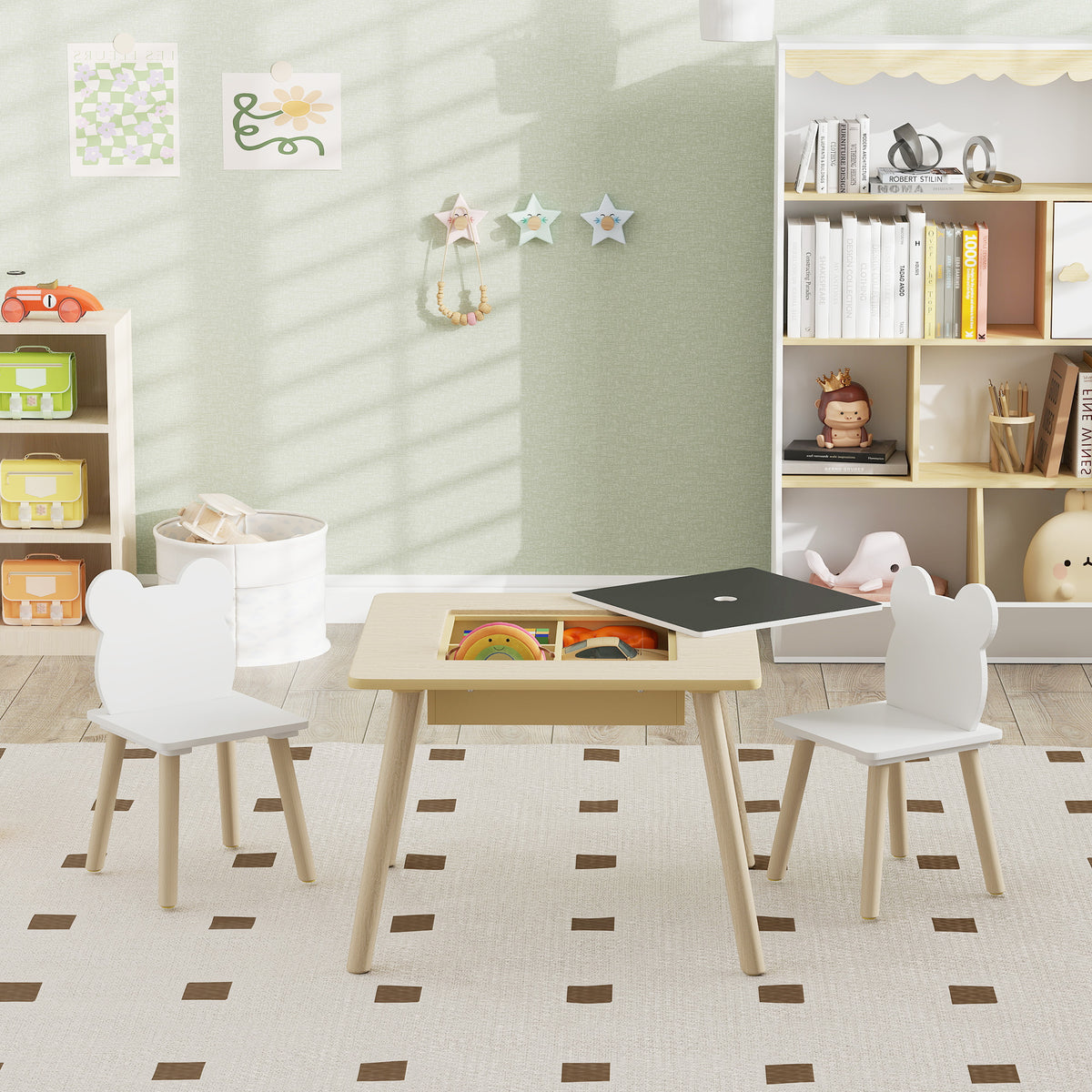 Ensemble 1 table et 2 chaise 3 pièces pour enfants avec plateau réversible espace de rangement bois naturel