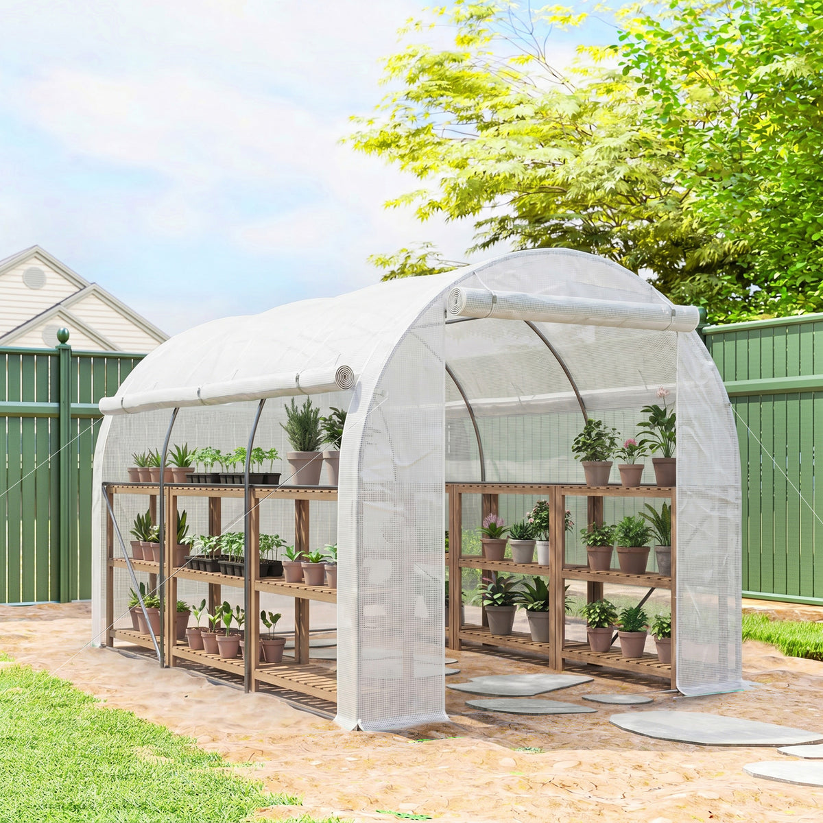 Serre de jardin 6 m² dim. 3 x 2 m avec 1 porte + 2 parois latérales zippées enroulables, 6 fenêtres, Blanc
