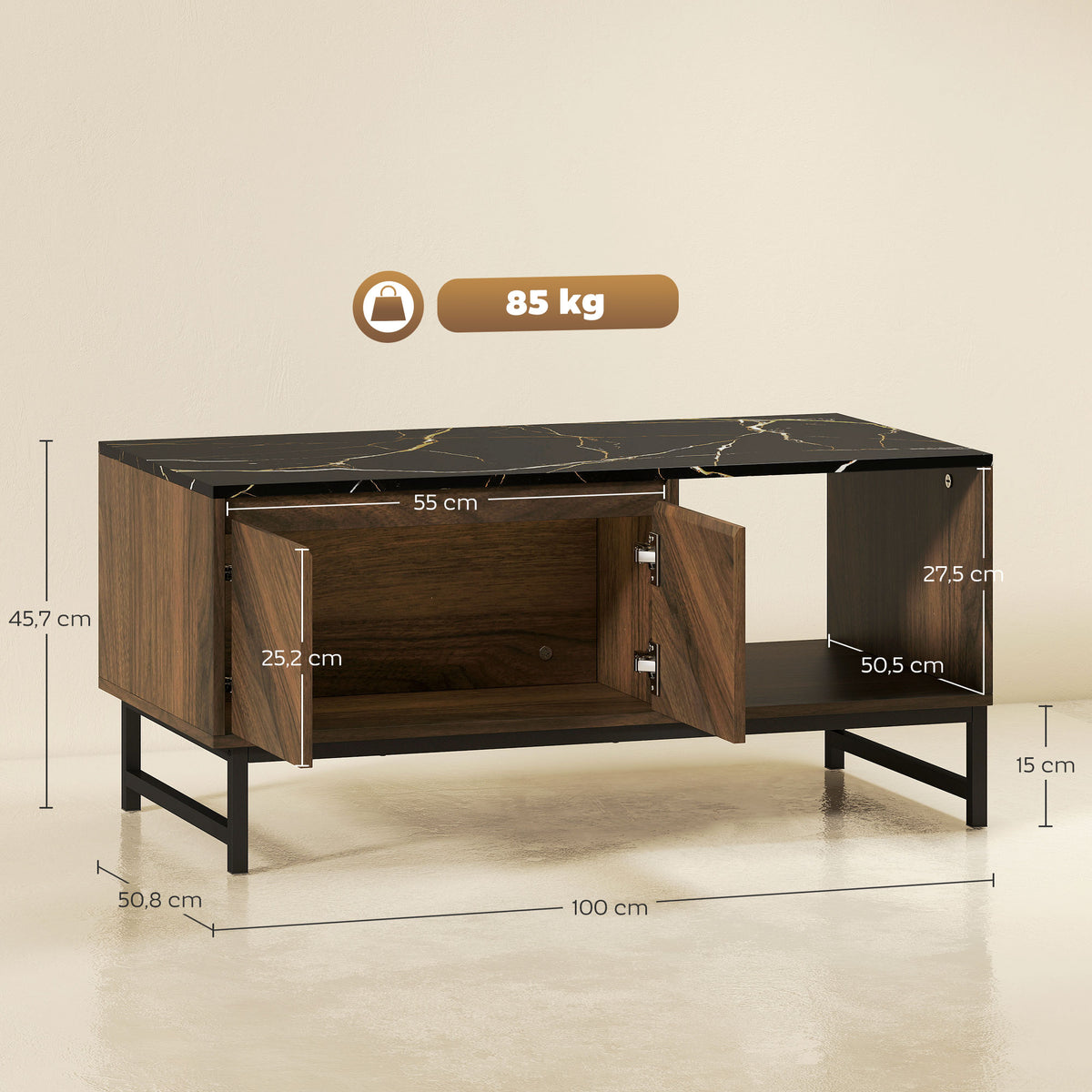 Table basse, table de salon, plateau effet marbre, 2 portes et 2 niches ouvertes, 100 x 50,8 x 45,7 cm, noyer