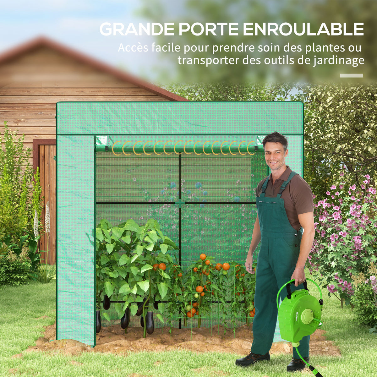 Serra da giardino a parete con 1 porta avvolgibile, telo in PE rinforzato, 2 finestre, dim. 196L x 77l x 197/178A cm