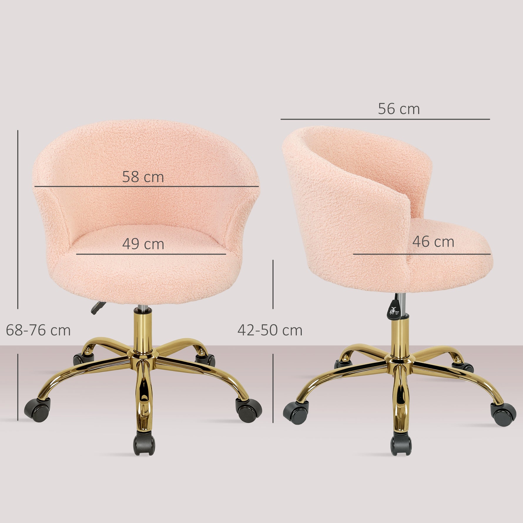 Chaise de bureau, fauteuil de bureau ergonomique réglable en hauteur, siège pivotante, piètement en acier, rose